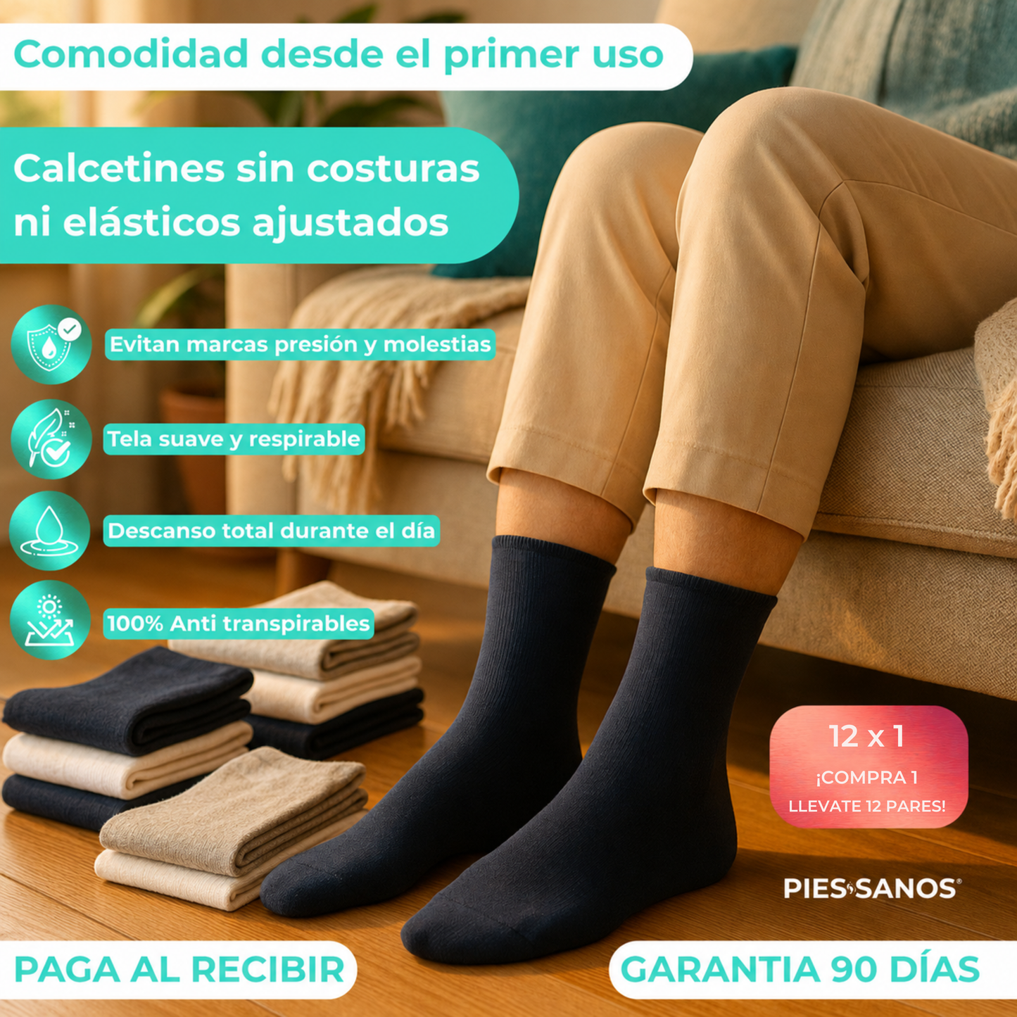 CALCETINES ESPECIALES PARA DIABETICOS SIN COSTURA, NO APRIETAN NI DEJAN MARCAS - PIES SANOS® PACK 12 PARES