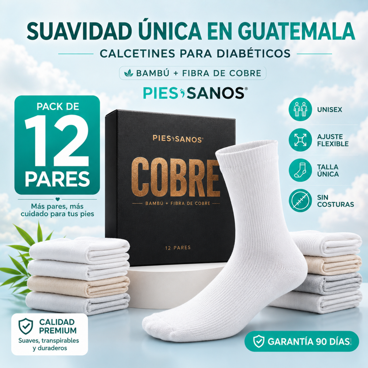 Calcetines Diabéticos de Fibra de Bambú Pies Sanos® | Sin Costuras | Pack 12 Pares