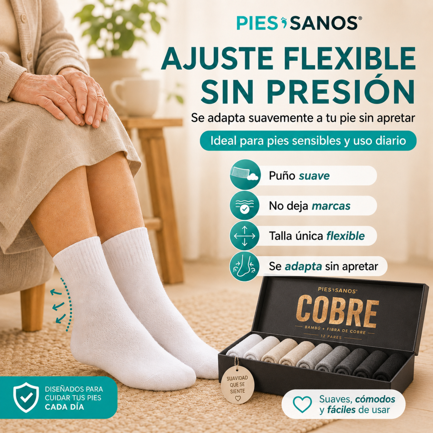 Calcetines Diabéticos de Fibra de Bambú Pies Sanos® | Sin Costuras | Pack 12 Pares